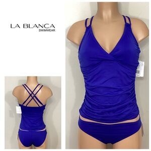 New. La Blanca Blue ruched V-neck underwire tankini set. Mixed sizes. 8-top/6-bo